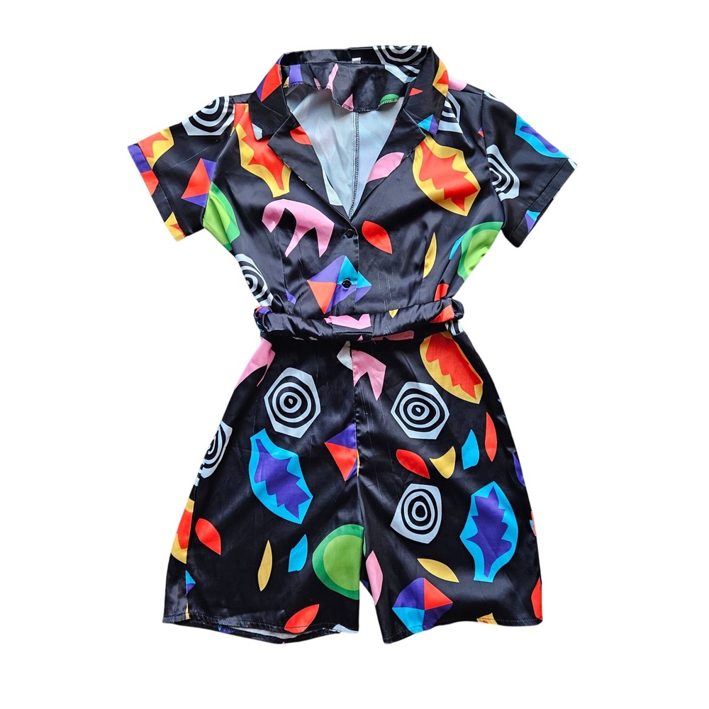 80s Retro Geometric Print Romper Black Short Sleeve Satin Feel Costume Size M